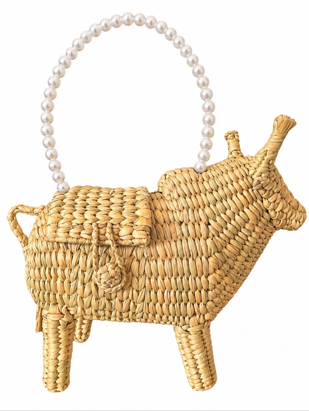 Woven Straw Bull Bag with Pearl Handle